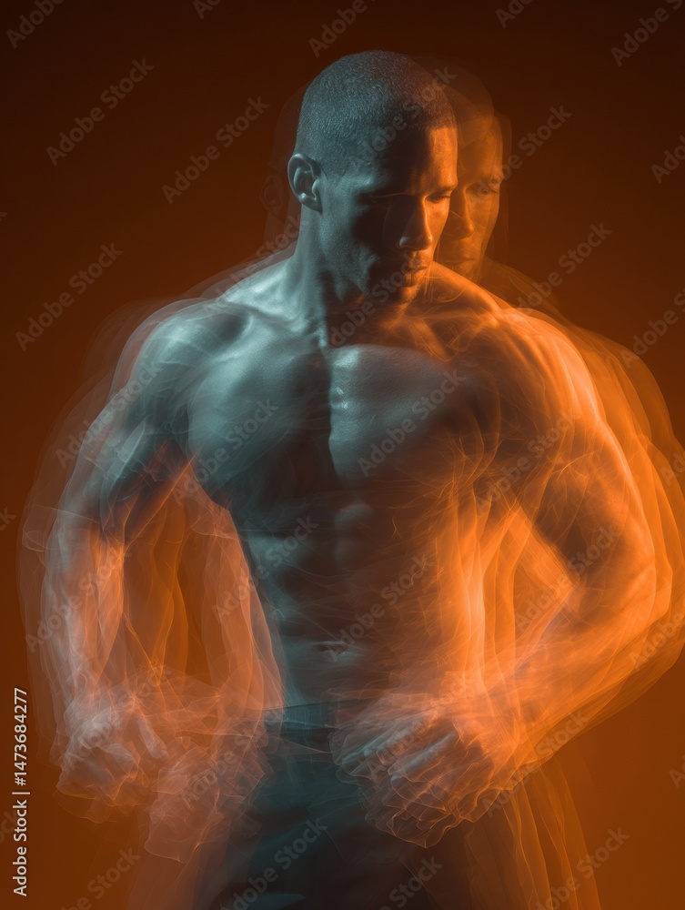 Leinwandbilder dynamic muscles in motion with a double exposure effect and a central glow at an indoor gym during a