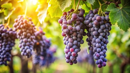 Naklejka premium Mature grape clusters with deep purple fruits hanging from a rustic vineyard branch in a lush green foliage background