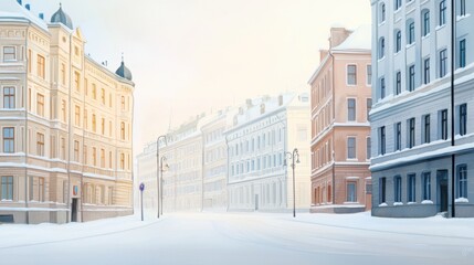 Fototapeta premium Serene Winter Watercolor View of Snowy Street with Historical Architecture