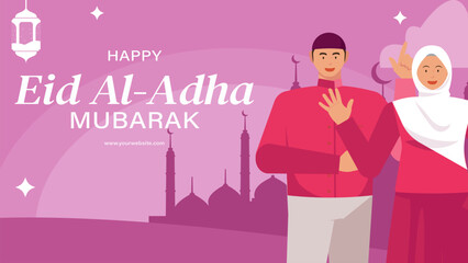 Eid al-Adha Celebration Pink Background with Muslim Character Illustration.