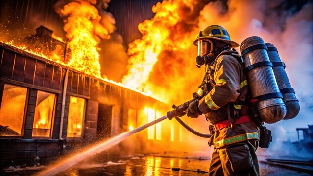 Firefighter in full gear spraying water on a burning building at night