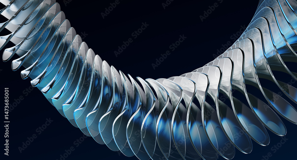 Poster dark blue 3d background with row of glass transparent circle twist plate shapes. abstract crystal li