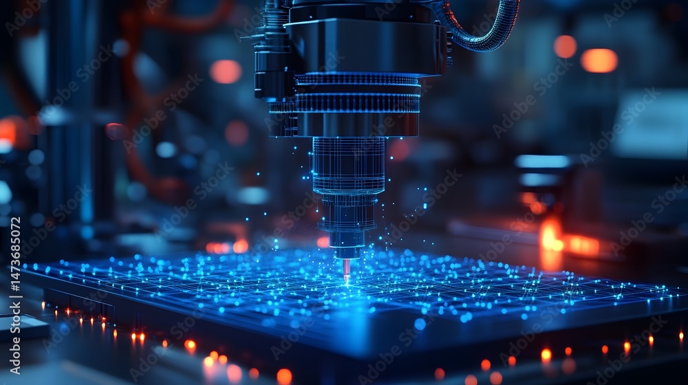 Poster futuristic robotic arm precisely working on a glowing circuit board, bathed in blue light, creating 