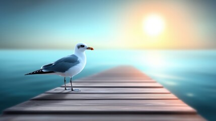 Obraz premium Seagull on wooden pier at sunrise reflecting on calm ocean water
