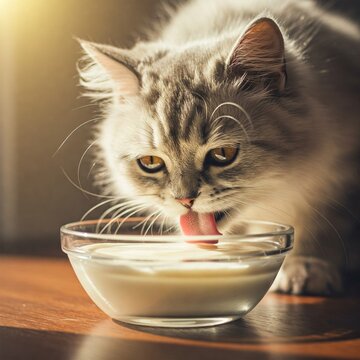 cat licking white yogurt and enjoying the treat