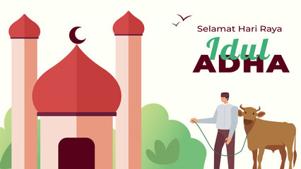 Eid al-Adha Celebration Background with Muslim Character Illustration.