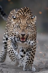 Fototapeta premium Fierce leopard charging forward, showcasing its powerful physique and striking patterns.