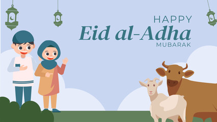 Eid al-Adha Celebration Background with Muslim Little Child Character Illustration.