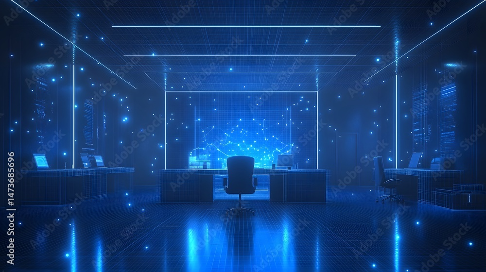 Fototapete futuristic virtual office space with wireframe desks, chairs, and a wall screen displaying a network