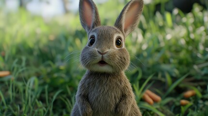 Fototapeta premium Adorable Baby Bunny in Lush Green Meadow: A Close-Up Portrait of a Curious Rabbit