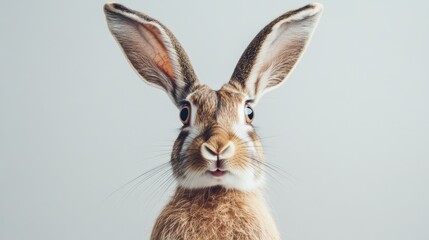 Obraz premium A Close-Up Portrait of an Adorable Brown Hare with Long Ears, Against a Soft Gray Background, Captivating Gaze