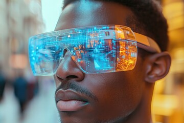 User explores augmented reality with smart glasses on urban street, blending digital overlays