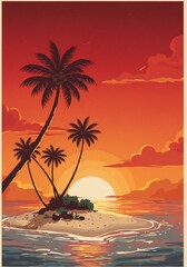 Tropical Island Sunset with Palm Trees