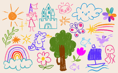 Fototapeta na wymiar Kid crayon doodle set with cloud and rainbow, tree and castle, sun and flowers, princess and animals. Colorful children drawing elements collection for kindergarten design projects, greeting cards.