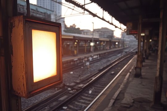 Empty train station platform at dawn, signal light - Powered by Adobe