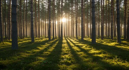 Sunlit Pine Forest Floor with Lush Green Moss Vegetation Sunlight Filtering Through Tall Tree Trunks Creating Dramatic Shadows a Panoramic Early Summer Scene