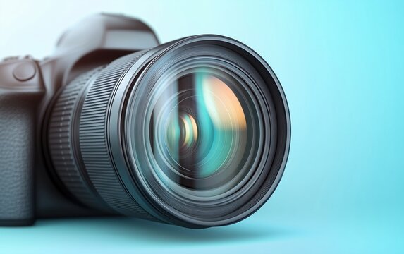 Camera photography lens close-up with blue background showcasing construction elements and lighting effects