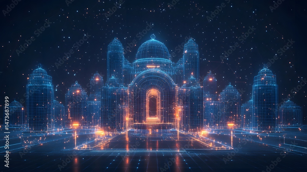 Poster futuristic city skyline at night, dominated by a glowing domed structure and skyscrapers. high-tech,