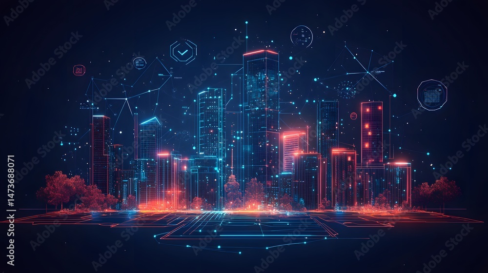 Aufkleber futuristic neon city: high-rises, trees, and data networks glow in blue and red. roads connect the u