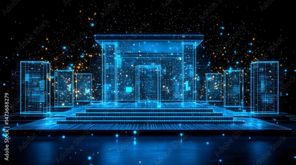 Aufkleber futuristic cityscape rendered in luminous blue wireframe against a stark black backdrop. a central s