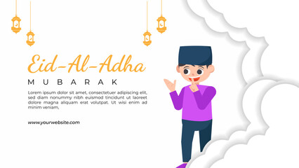 Eid al-Adha Celebration Background with Muslim Little Child Character Illustration.