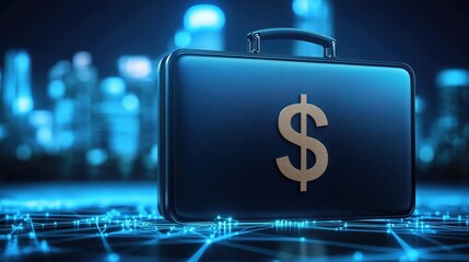 Money suitcase on blue digital background symbolizing finance technology and investment strategy in modern business environments