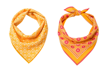 Two elegantly designed neck scarves with patterns in yellow and red hues transparent background