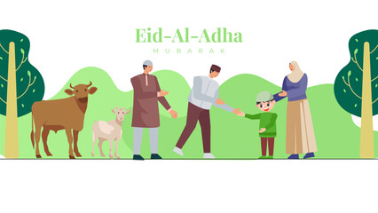 Background of Eid al-Adha Celebration with Character Illustration giving Muslim qurban meat.