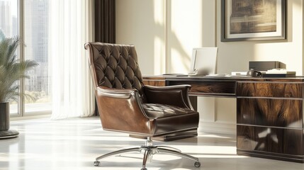 Fototapeta premium Brown desk chair with metal trim in a bright professional setup