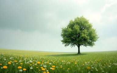 Solitary Tree in a Field of Flowers Under an Overcast Sky. High quality