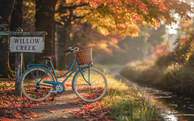 Fototapeta premium Vintage bicycle on a peaceful autumn path surrounded by golden leaves and warm sunlight