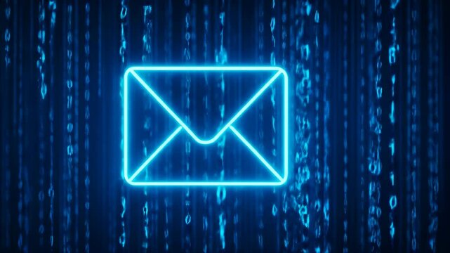 Neon Mail Icon Over Digital Background with Blue Binary Code Effect