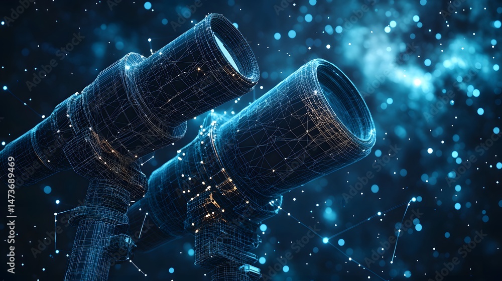 Poster Futuristic wireframe telescopes amidst twinkling stars and constellations. A cosmic scene with a technological edge, perfect for science or innovation themes. Abstract wireframe in dark blue