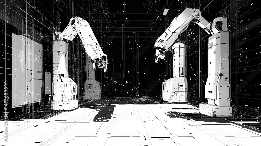Aufkleber futuristic industrial scene showcasing two advanced robot arms poised in a high-contrast, geometric 