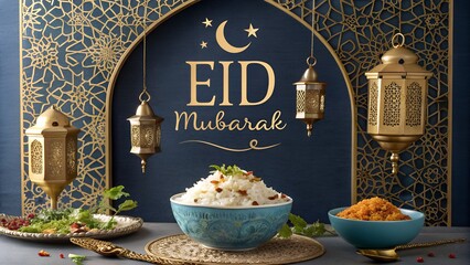 Exquisite Eid Mubarak Card with Arabic Calligraphy and Lanterns