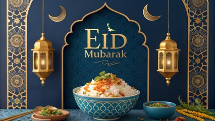 Modern Eid Mubarak Card with Blue Background and Gold Elements