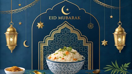 Islamic Festival Card with Crescent Moon and Hanging Lanterns