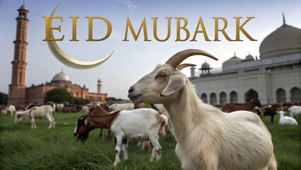 Eid al-Adha Card with Beautiful Camel and Mosque Background