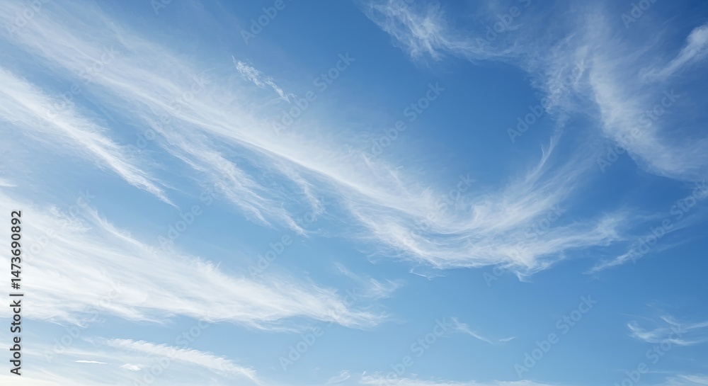 Poster wispy cirrus clouds scattered across bright azure summer sky illuminated by soft daylight creating a