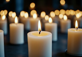 Many white cylindrical candles burning brightly on a dark surface, creating a warm and solemn atmosphere. One candle is in focus, others are blurred.