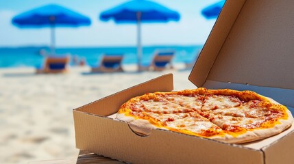 Delicious pizza in a cardboard box on a sunny beach with blue umbrellas and lounge chairs in the background.