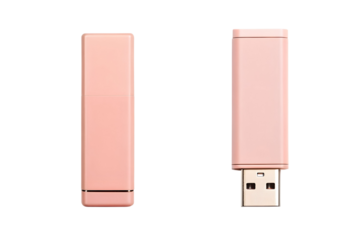 Elegant pale pink USB drive shown with and without its protective cap transparent background