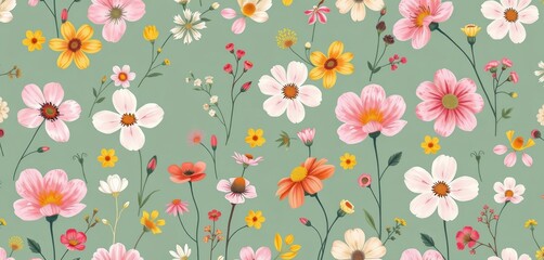 Abstract seamless pattern of charming hand-painted wildflowers; delicate, simple floral design,  repeat,  botanical