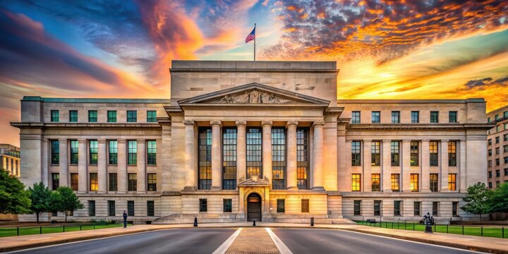 Federal Reserve Bank of Cleveland historic building facade at sunset