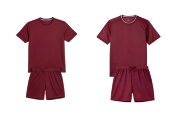 Two maroon athletic wear sets with short sleeve tshirts and shorts transparent background