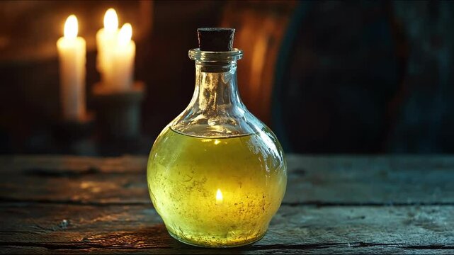 A potion bottle on a wood table with candles