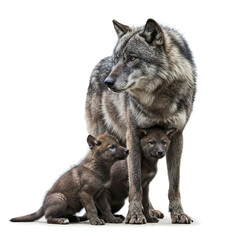A striking gray and black wolf stands alert with its two pups on either side, showcasing thick fur, sharp features, and a protective stance, all isolated on a clean w.wolf in front of white background