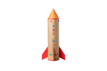 Child's cardboard rocket with colorful polka dots against a neutral transparent background