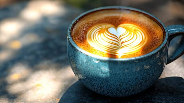 Latte Art Design in Ceramic Cup on Rustic Table for Cafe Decor Generative AI