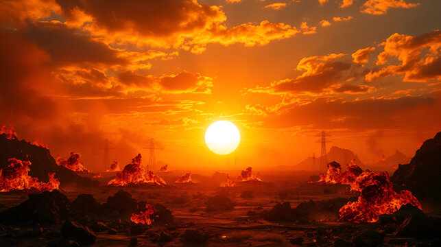 Fiery apocalyptic landscape with a bright sun shining in the distance - Powered by Adobe